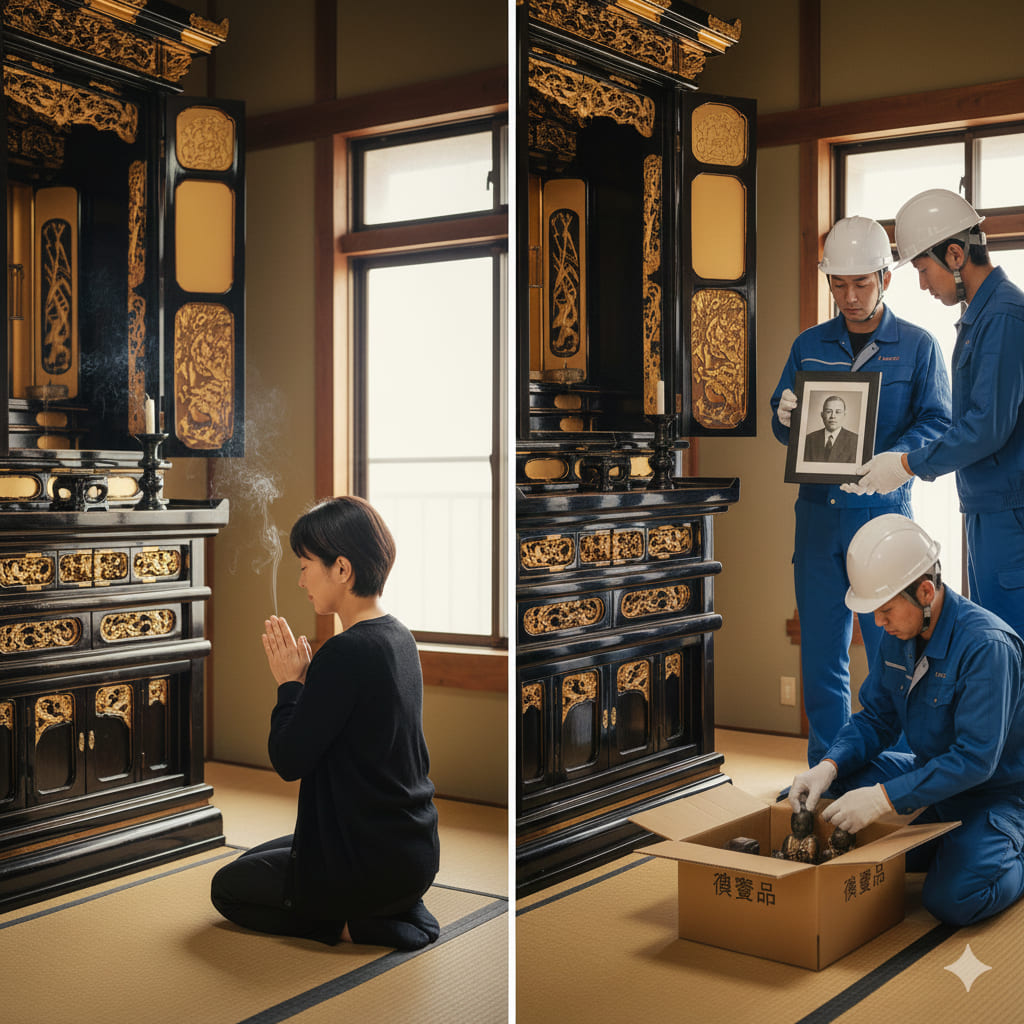 仏壇に手を合わせる様子と片付けのイメージ