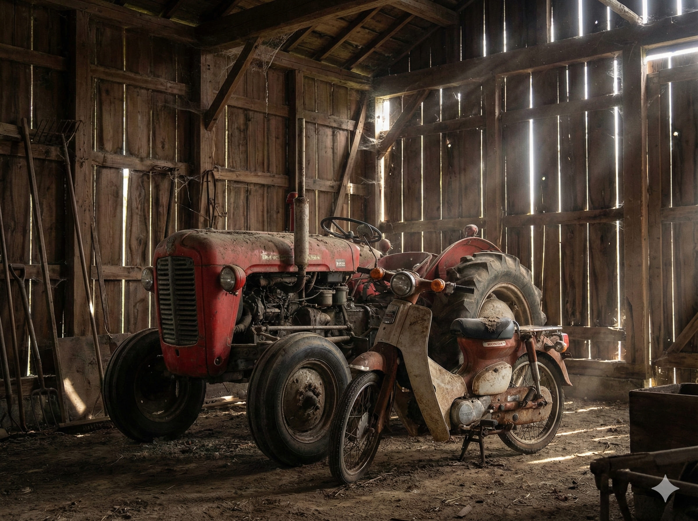 古くて錆びた農機具やバイク