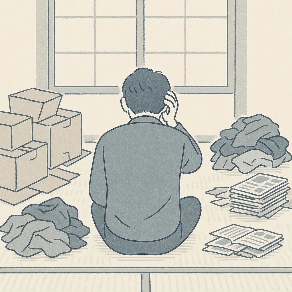 ゴミ屋敷の悩みを抱える人のイラスト